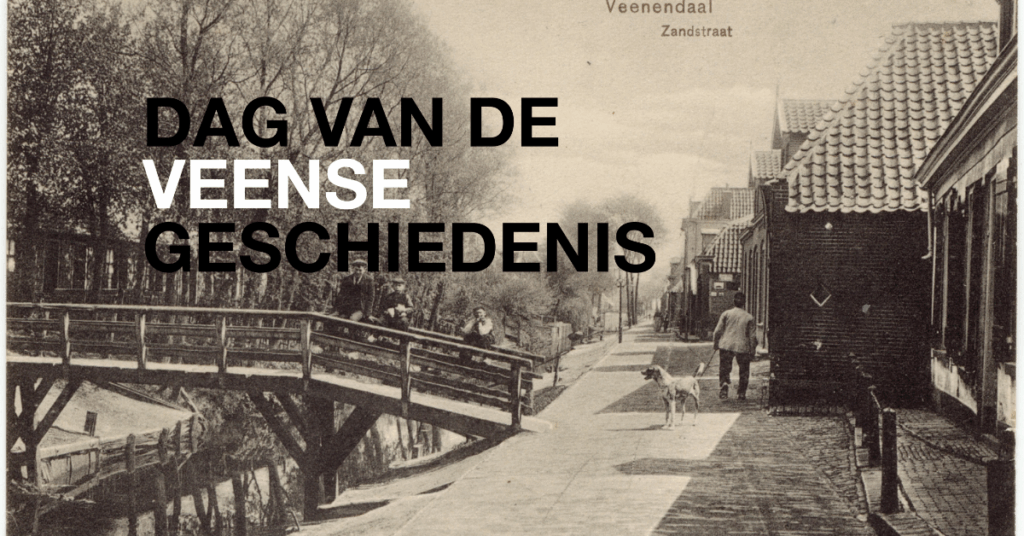 De letters van dag van de Veense geschiedenis over een oude zwart-wit foto van Veenendaal